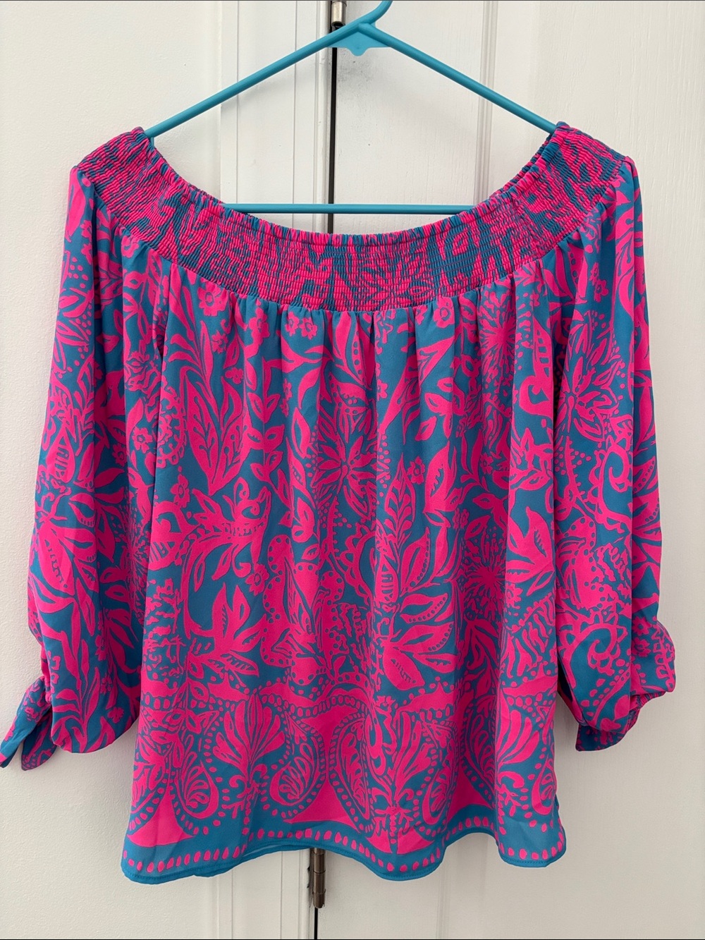 Lilly Pulitzer Pink Floral Off-Shoulder Blouse on Teal